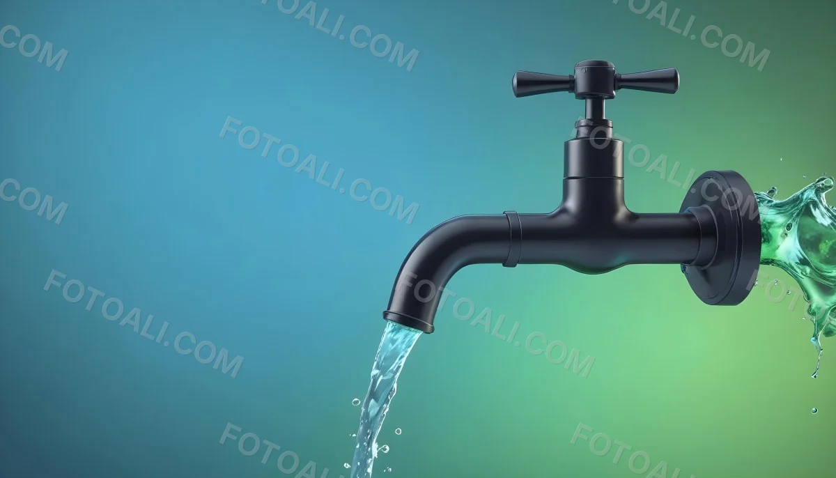 A Black Metal Faucet With Water Flowing Out Of It Gradient Background With Blue And Green Colors Clean And Simple Design Modern Style 8 3107