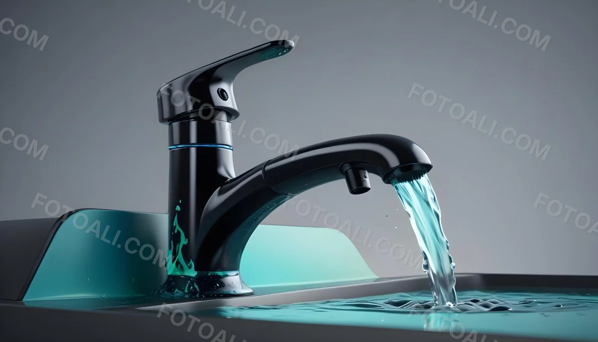 A Black Metal Faucet With Water Flowing Out Of It Gradient Background With Blue And Green Colors Clean And Simple Design Modern Style 9 996c