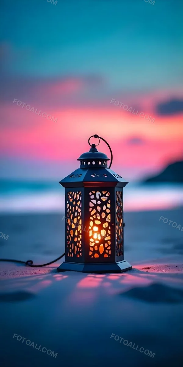 A Black Metal Lantern With Intricate Cutouts Glowing With Warm Light Sits On A Sandy Beach With A Vibrant Pink And Blue Sunset Sky 15 7353