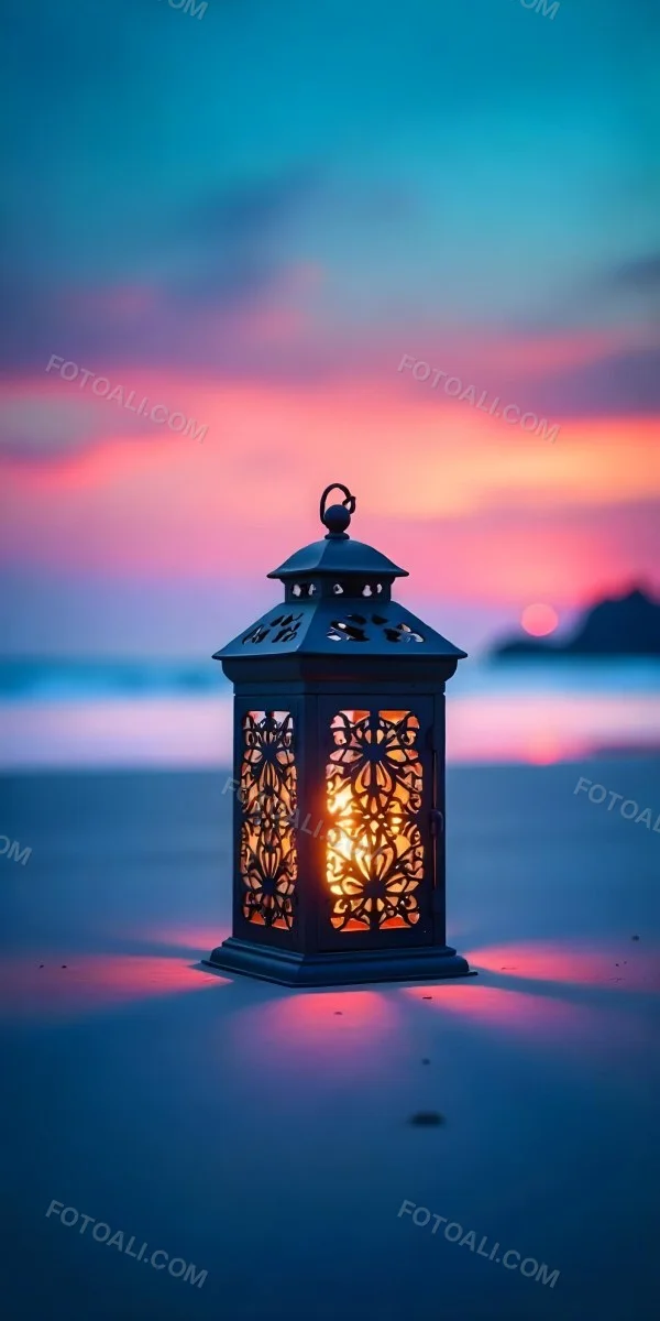 A Black Metal Lantern With Intricate Cutouts Glowing With Warm Light Sits On A Sandy Beach With A Vibrant Pink And Blue Sunset Sky 17 2bb3