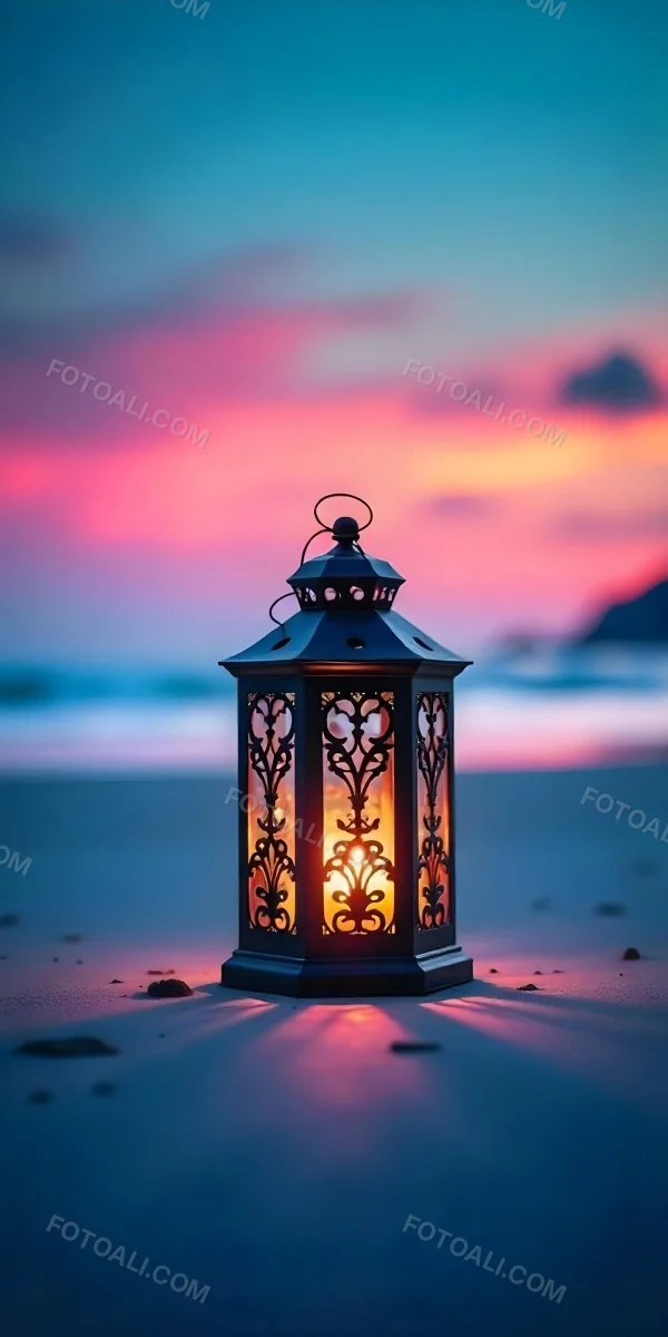 A Black Metal Lantern With Intricate Cutouts Glowing With Warm Light Sits On A Sandy Beach With A Vibrant Pink And Blue Sunset Sky 19 0696