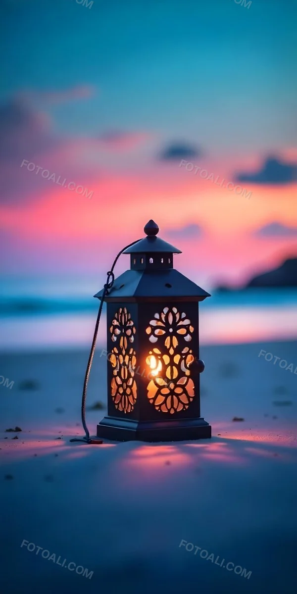 A Black Metal Lantern With Intricate Cutouts Glowing With Warm Light Sits On A Sandy Beach With A Vibrant Pink And Blue Sunset Sky 21 595f