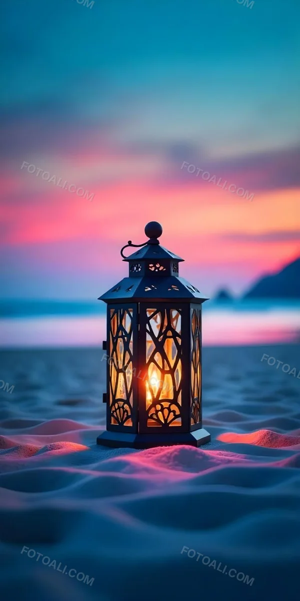 A Black Metal Lantern With Intricate Cutouts Glowing With Warm Light Sits On A Sandy Beach With A Vibrant Pink And Blue Sunset Sky 23 D6cb