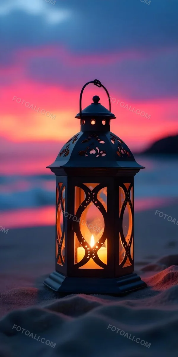 A Black Metal Lantern With Intricate Cutouts Glowing With Warm Light Sits On A Sandy Beach With A Vibrant Pink And Blue Sunset Sky 29 E058