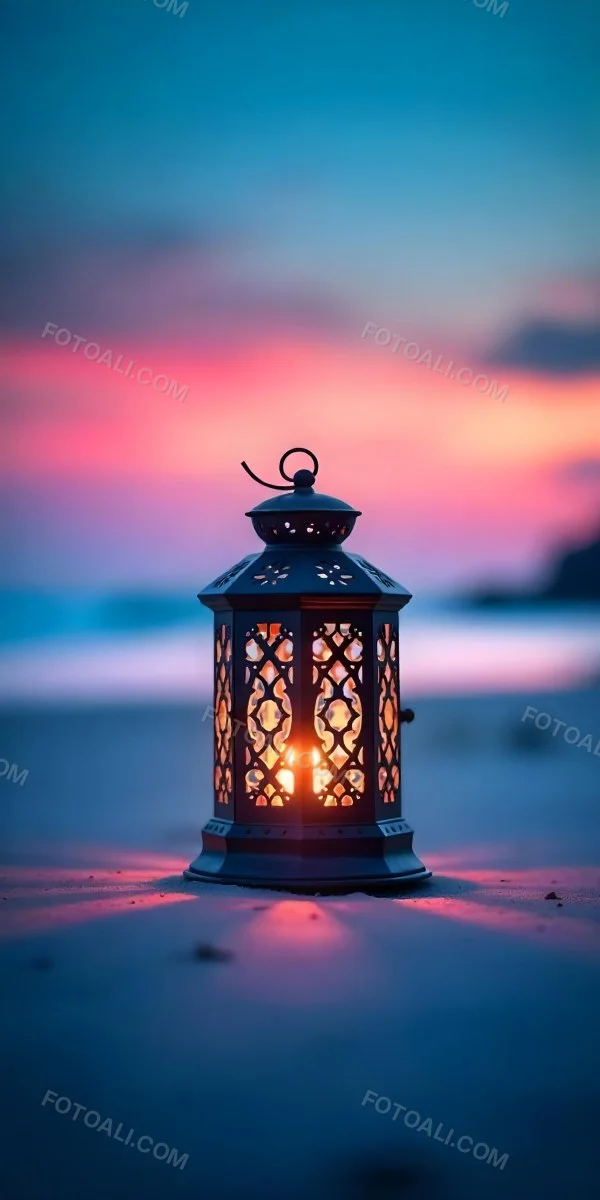 A Black Metal Lantern With Intricate Cutouts Glowing With Warm Light Sits On A Sandy Beach With A Vibrant Pink And Blue Sunset Sky 30 D12b