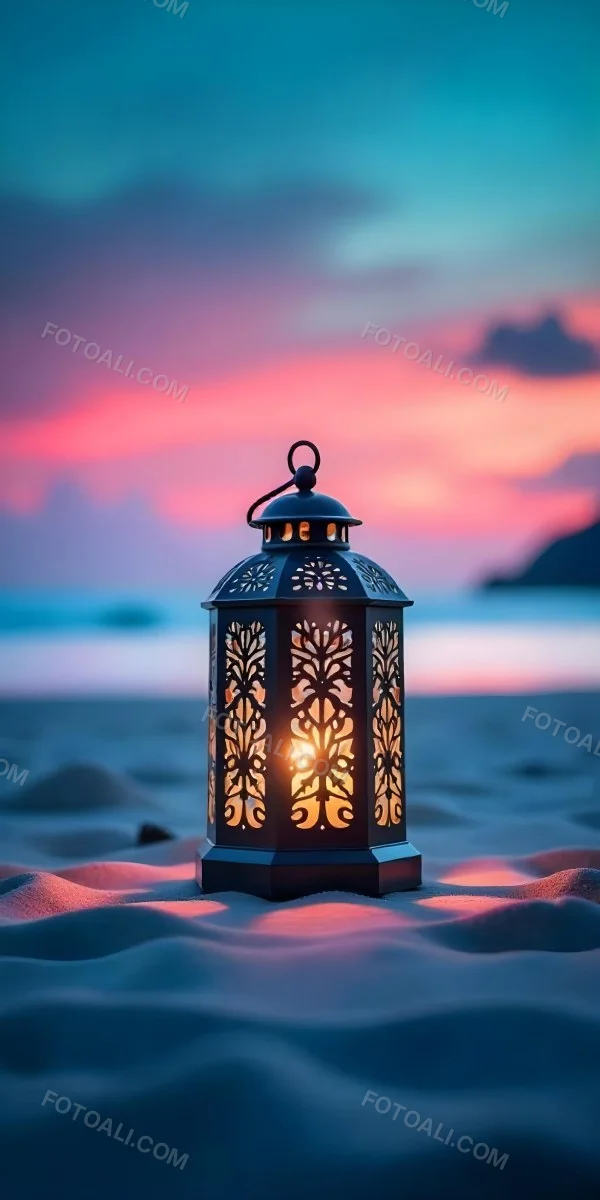 A Black Metal Lantern With Intricate Cutouts Glowing With Warm Light Sits On A Sandy Beach With A Vibrant Pink And Blue Sunset Sky 44 2f3b
