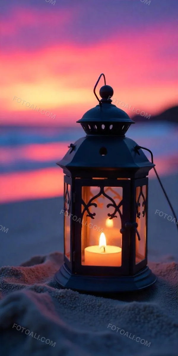 A Black Metal Lantern With Intricate Cutouts Glowing With Warm Light Sits On A Sandy Beach With A Vibrant Pink And Blue Sunset Sky 45 5d66