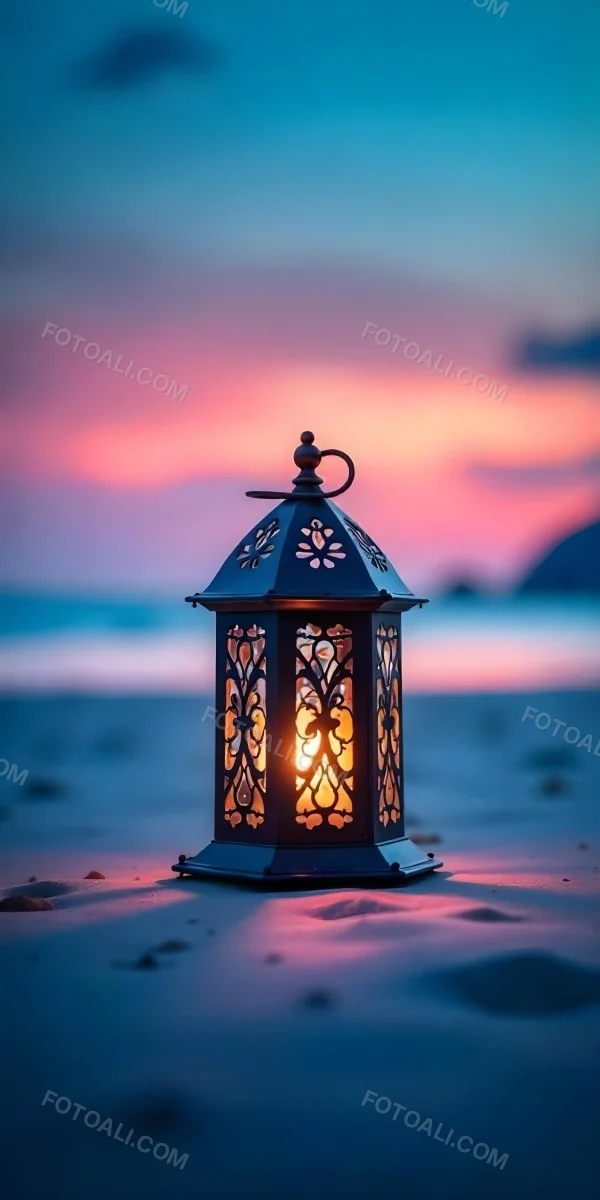 A Black Metal Lantern With Intricate Cutouts Glowing With Warm Light Sits On A Sandy Beach With A Vibrant Pink And Blue Sunset Sky 5 Bcd8