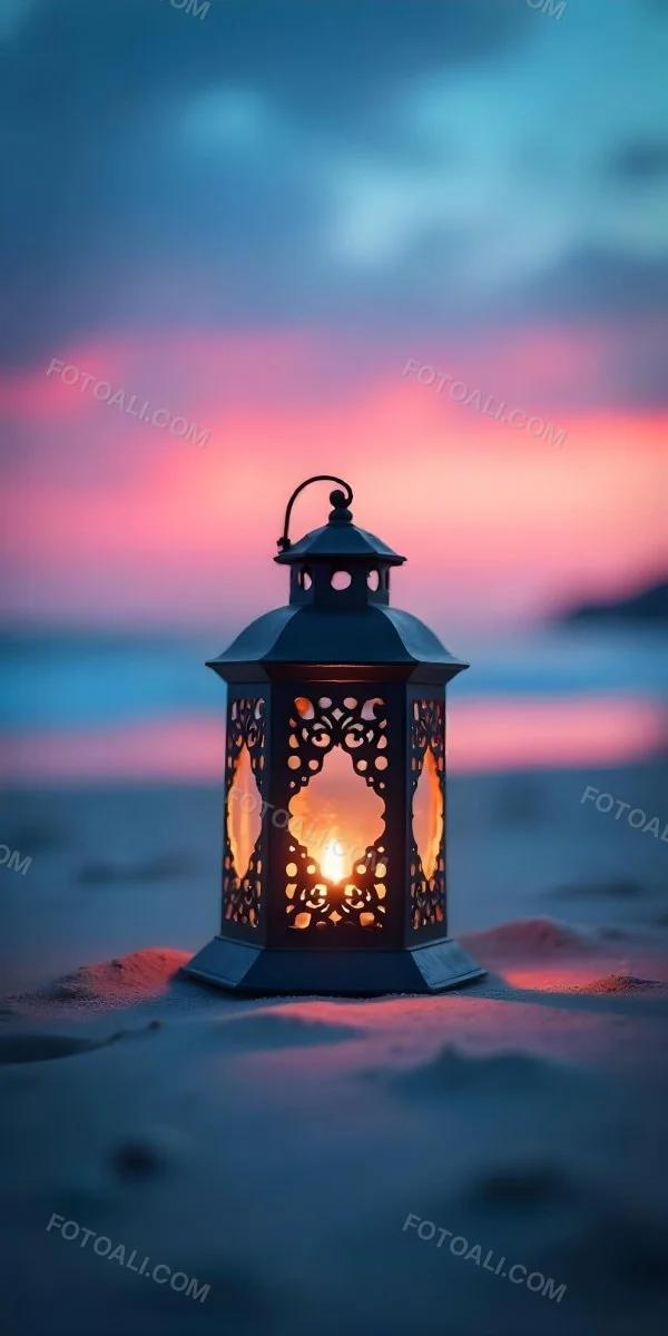 A Black Metal Lantern With Intricate Cutouts Glowing With Warm Light Sits On A Sandy Beach With A Vibrant Pink And Blue Sunset Sky 9 4de0