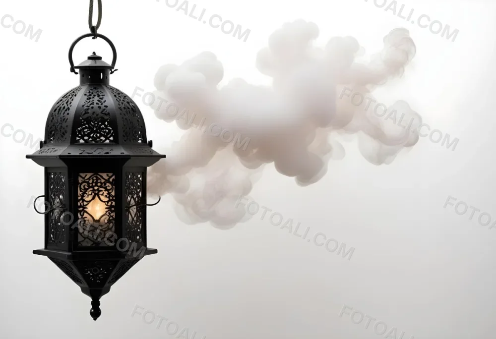 A Black Metal Lantern With Intricate Designs Surrounded By A Cloud Of Smoke Against A White Background With Subtle Geometric Patterns 10 5042