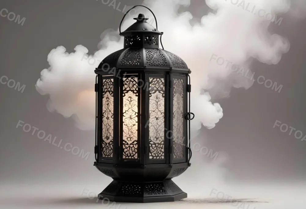 A Black Metal Lantern With Intricate Designs Surrounded By A Cloud Of Smoke Against A White Background With Subtle Geometric Patterns 2 B806