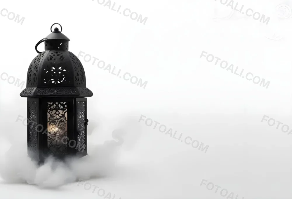 A Black Metal Lantern With Intricate Designs Surrounded By A Cloud Of Smoke Against A White Background With Subtle Geometric Patterns 23 132a