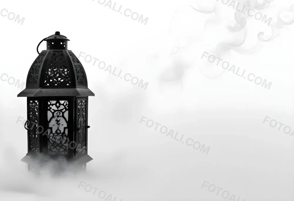 A Black Metal Lantern With Intricate Designs Surrounded By A Cloud Of Smoke Against A White Background With Subtle Geometric Patterns 26 F71f
