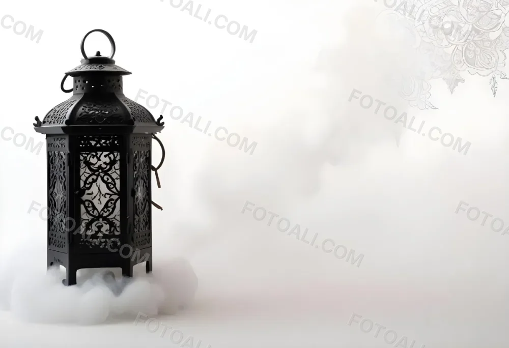 A Black Metal Lantern With Intricate Designs Surrounded By A Cloud Of Smoke Against A White Background With Subtle Geometric Patterns 29 B04e