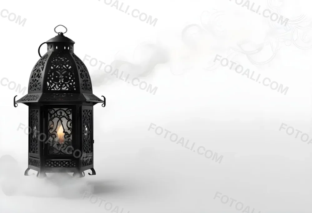 A Black Metal Lantern With Intricate Designs Surrounded By A Cloud Of Smoke Against A White Background With Subtle Geometric Patterns 31 48bf