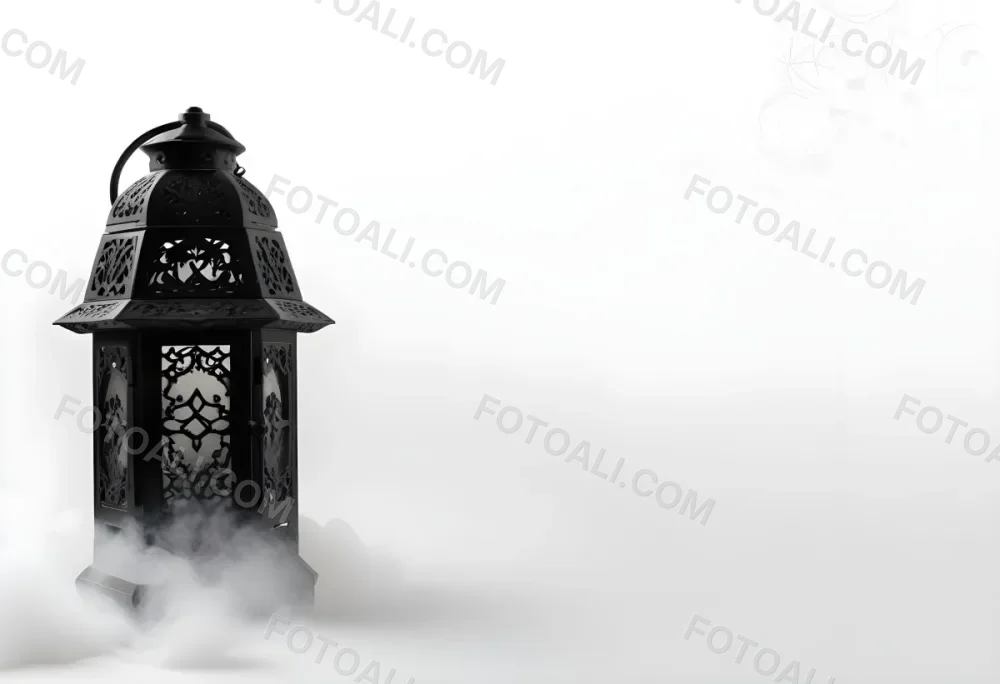 A Black Metal Lantern With Intricate Designs Surrounded By A Cloud Of Smoke Against A White Background With Subtle Geometric Patterns 37 E82d