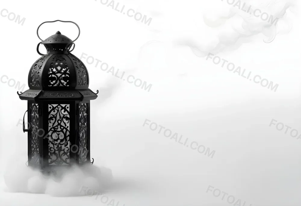 A Black Metal Lantern With Intricate Designs Surrounded By A Cloud Of Smoke Against A White Background With Subtle Geometric Patterns 39 8698