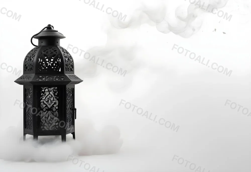 A Black Metal Lantern With Intricate Designs Surrounded By A Cloud Of Smoke Against A White Background With Subtle Geometric Patterns 4 C2f8