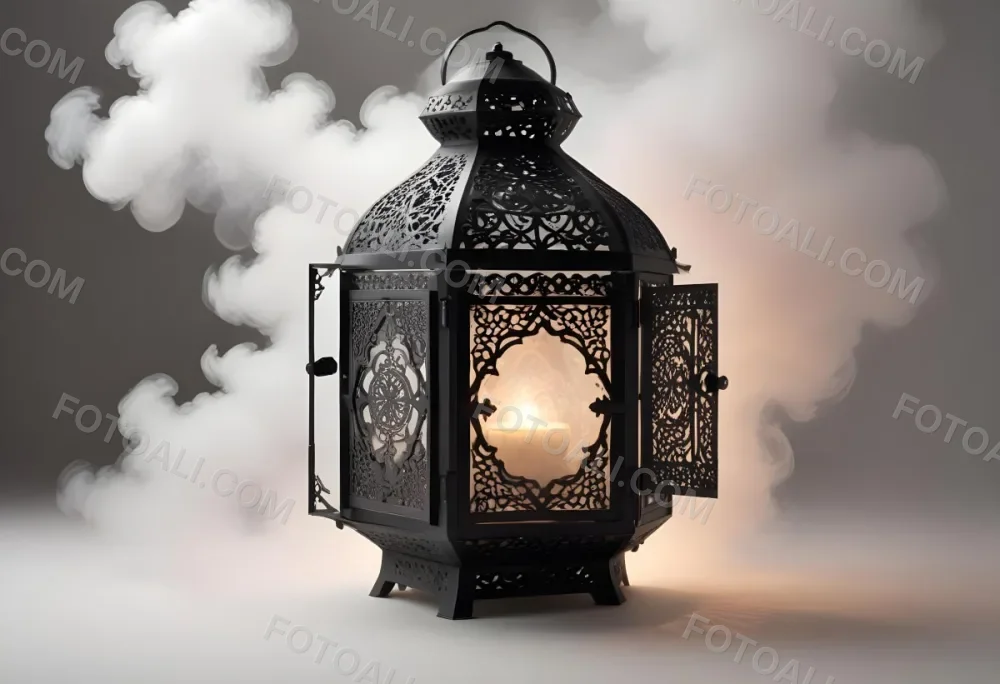A Black Metal Lantern With Intricate Designs Surrounded By A Cloud Of Smoke Against A White Background With Subtle Geometric Patterns 40 3d8f