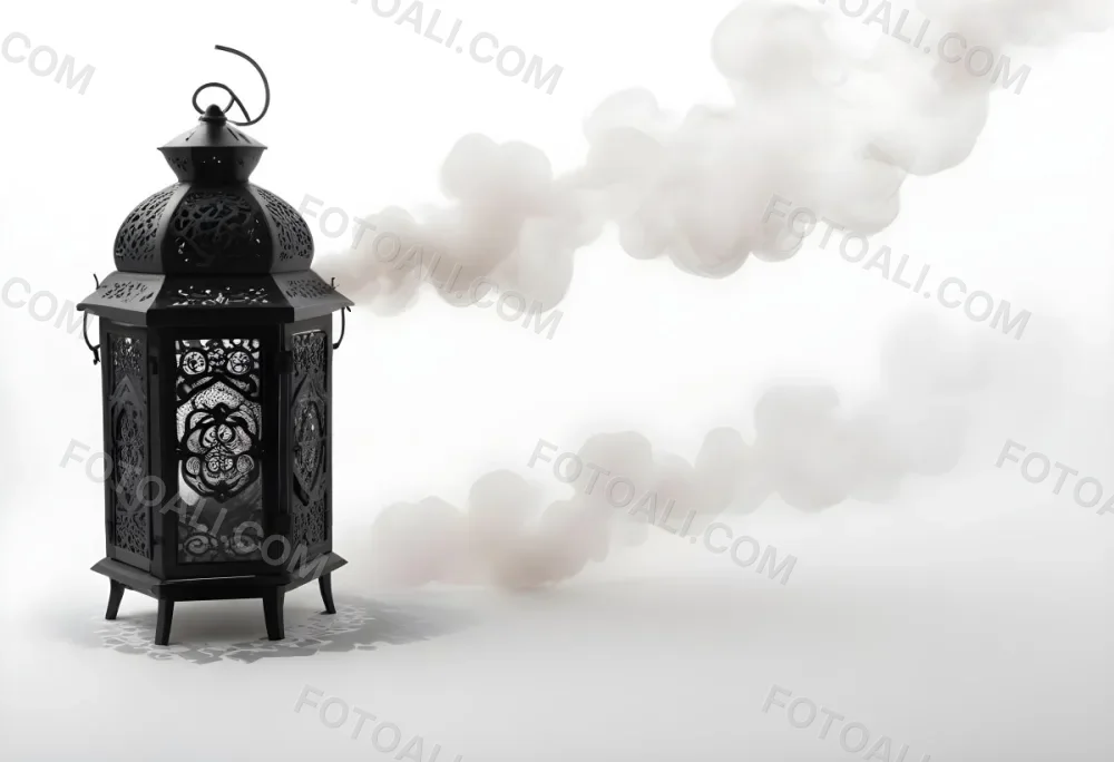 A Black Metal Lantern With Intricate Designs Surrounded By A Cloud Of Smoke Against A White Background With Subtle Geometric Patterns 41 15cf