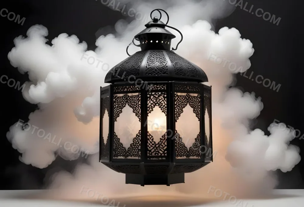 A Black Metal Lantern With Intricate Designs Surrounded By A Cloud Of Smoke Against A White Background With Subtle Geometric Patterns 43 D6a2