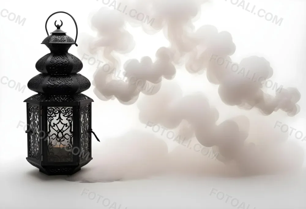 A Black Metal Lantern With Intricate Designs Surrounded By A Cloud Of Smoke Against A White Background With Subtle Geometric Patterns 5 660a