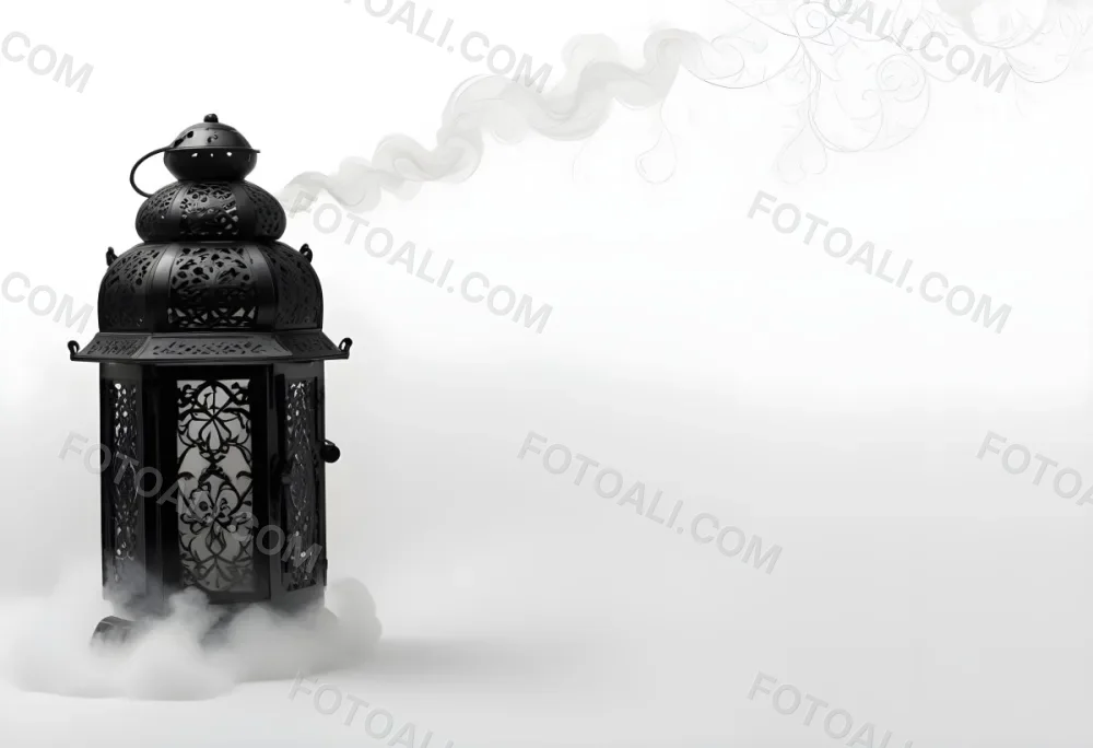 A Black Metal Lantern With Intricate Designs Surrounded By A Cloud Of Smoke Against A White Background With Subtle Geometric Patterns 6 9257