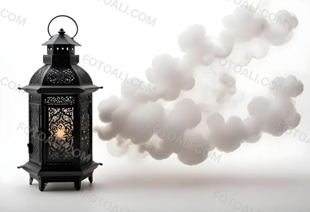 A Black Metal Lantern With Intricate Designs Surrounded By A Cloud Of Smoke Against A White Background With Subtle Geometric Patterns 9 4f02