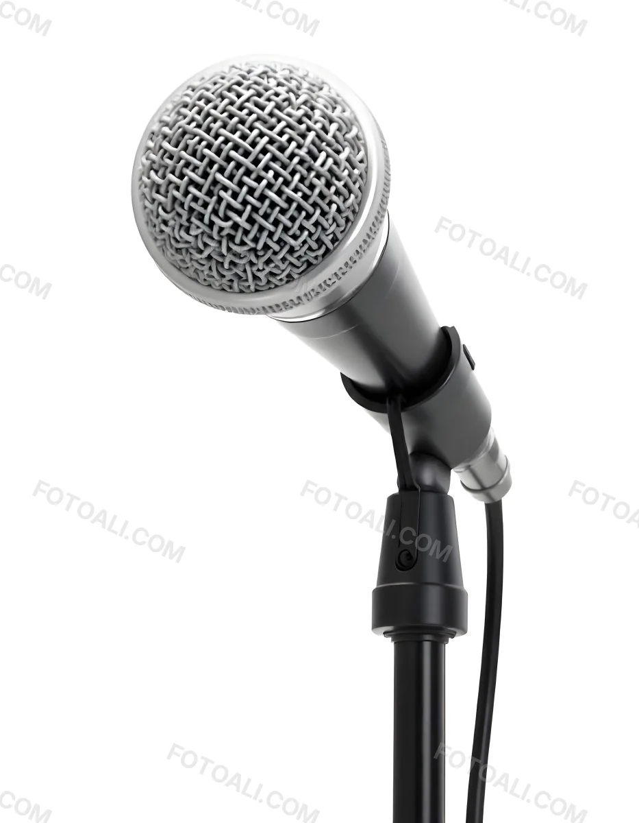 A Black Microphone On A Black Stand With A Black Cable Isolated On A White Background 17 8585