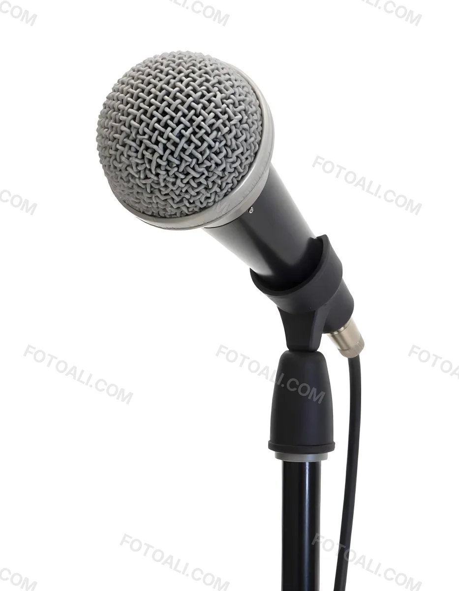 A Black Microphone On A Black Stand With A Black Cable Isolated On A White Background 24 Bc86