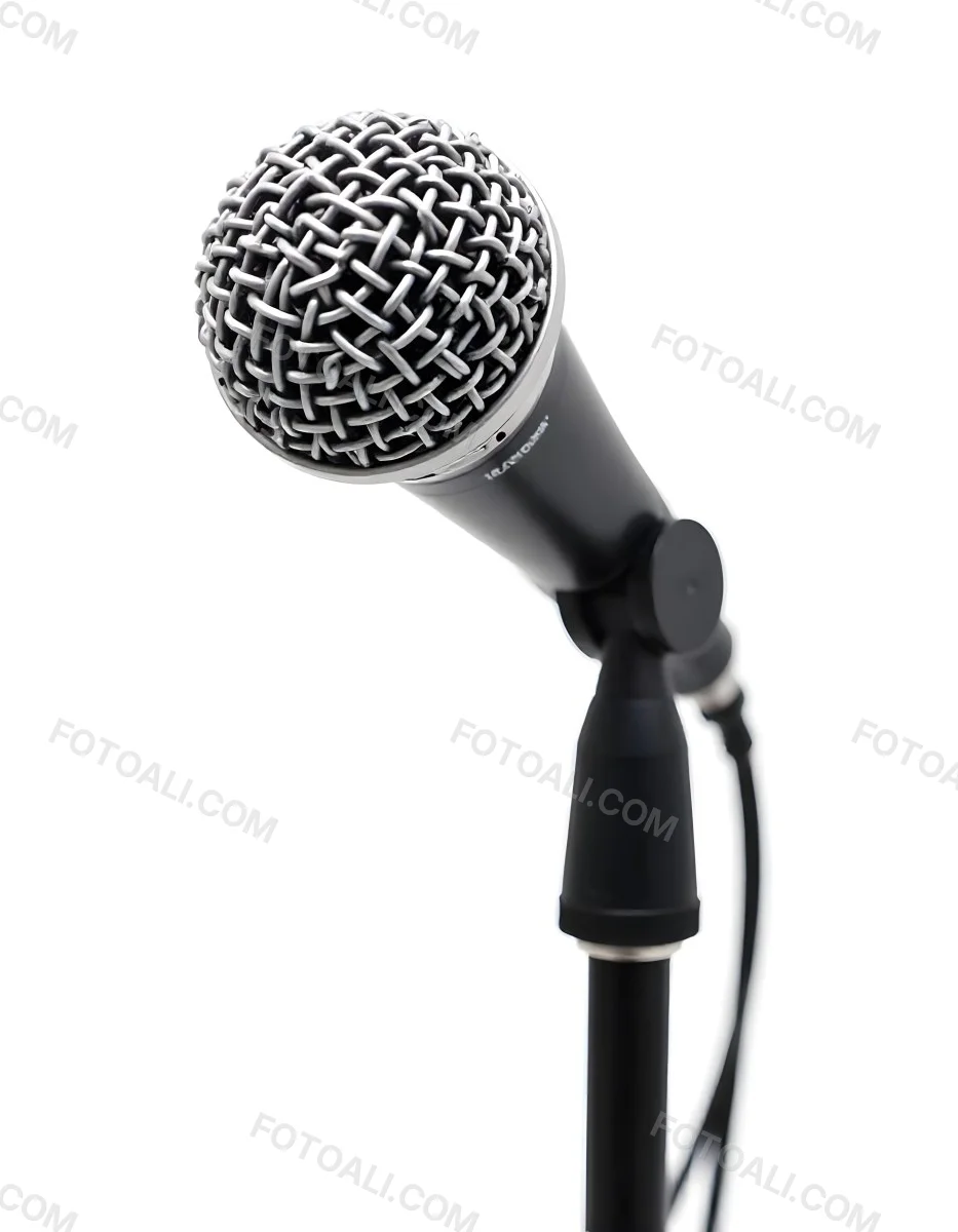 A Black Microphone On A Black Stand With A Black Cable Isolated On A White Background 3 2605