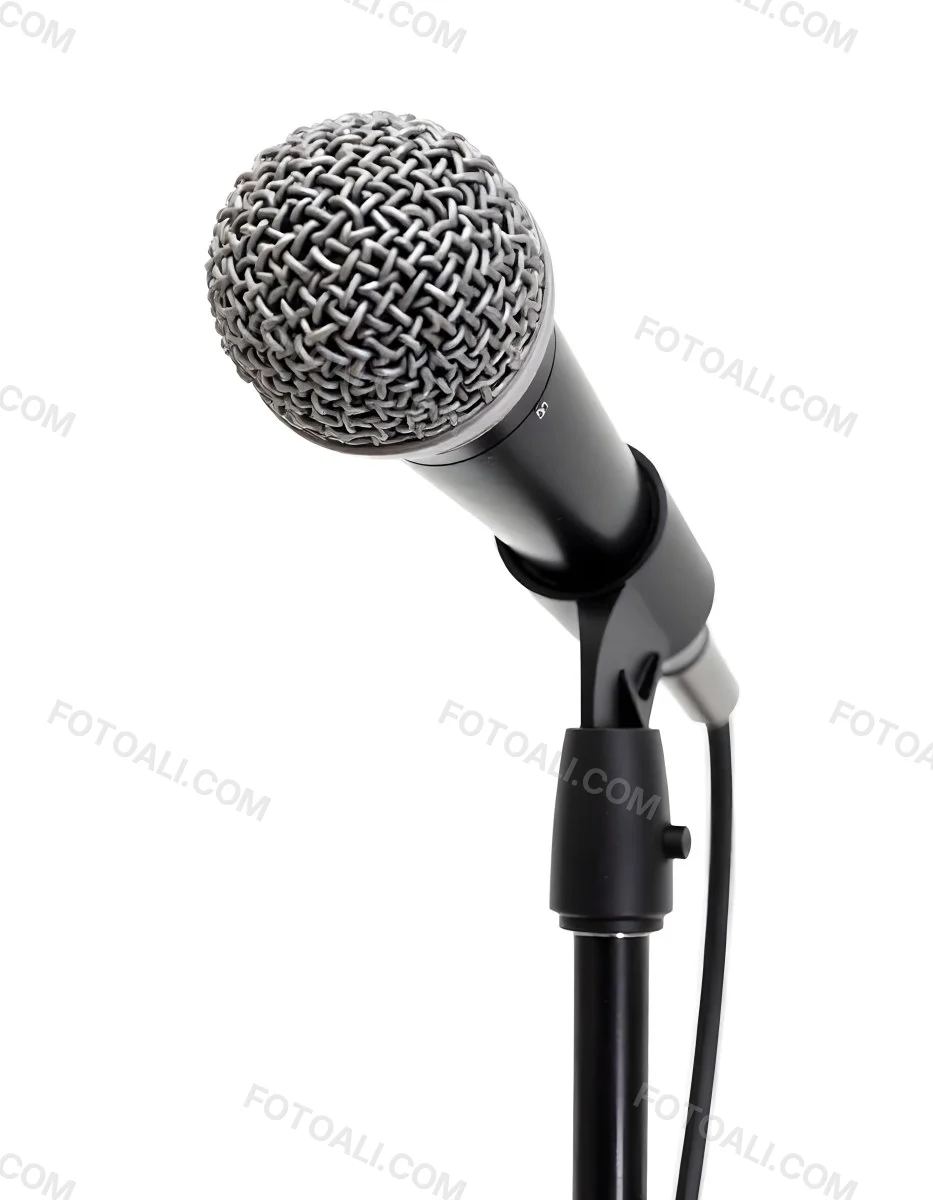 A Black Microphone On A Black Stand With A Black Cable Isolated On A White Background 30 8b5e