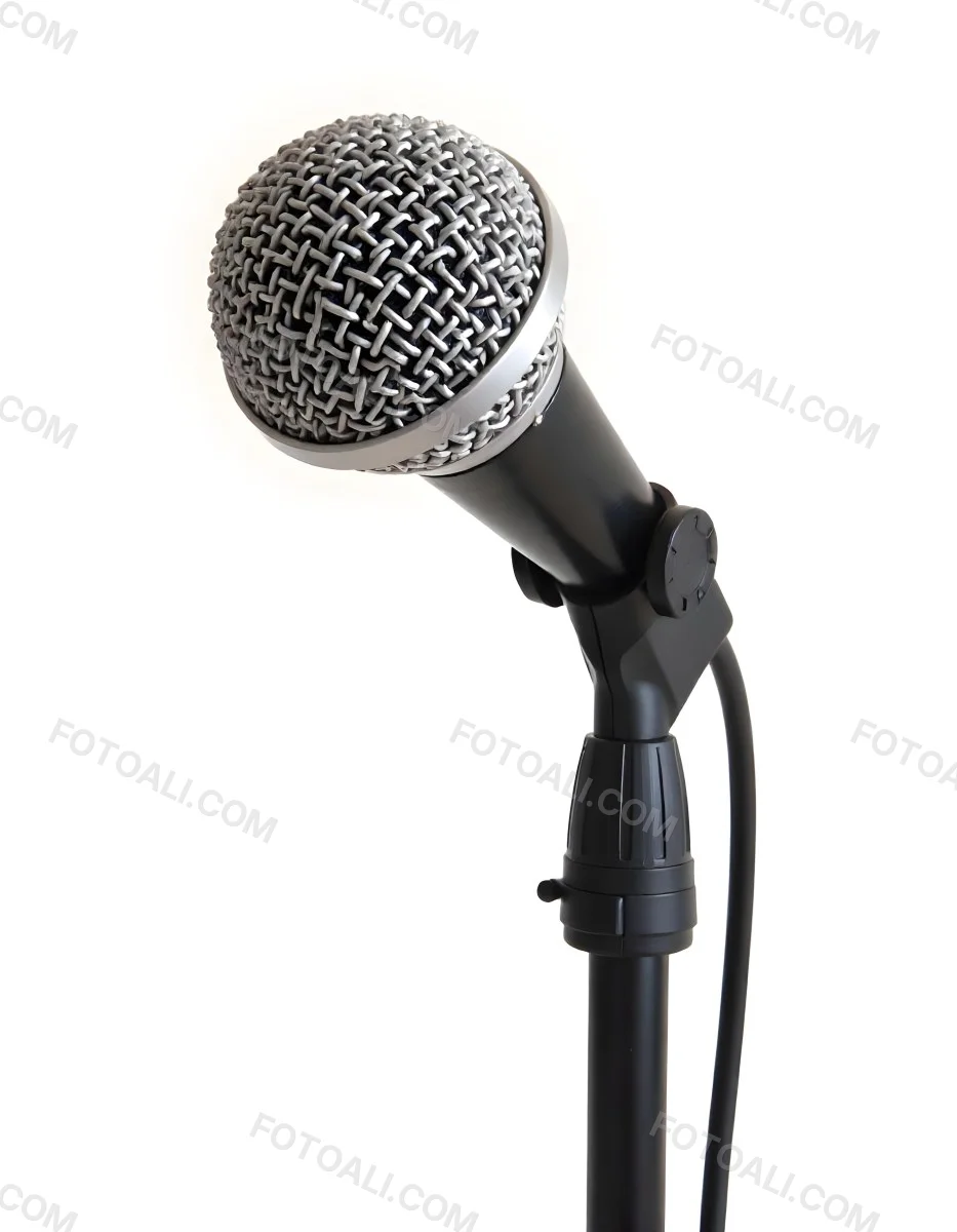 A Black Microphone On A Black Stand With A Black Cable Isolated On A White Background 5 F0f0