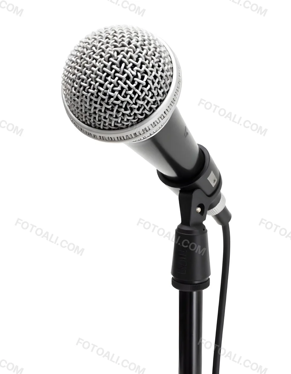 A Black Microphone On A Black Stand With A Black Cable Isolated On A White Background 7 04c4