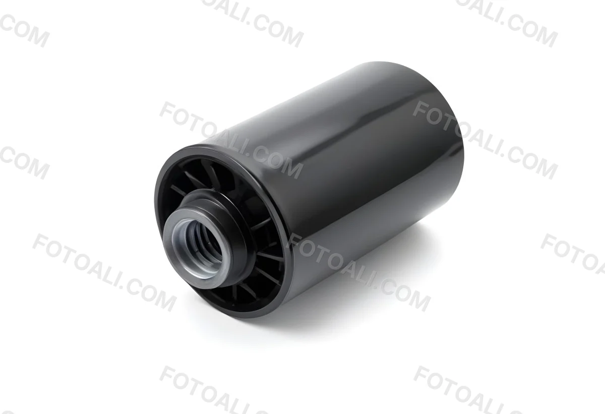 A Black Oil Filter With A Black Threaded Insert Lying On A Black Surface With A Slight Shadow Showcasing Its Cylindrical Shape And Construction 9 9642
