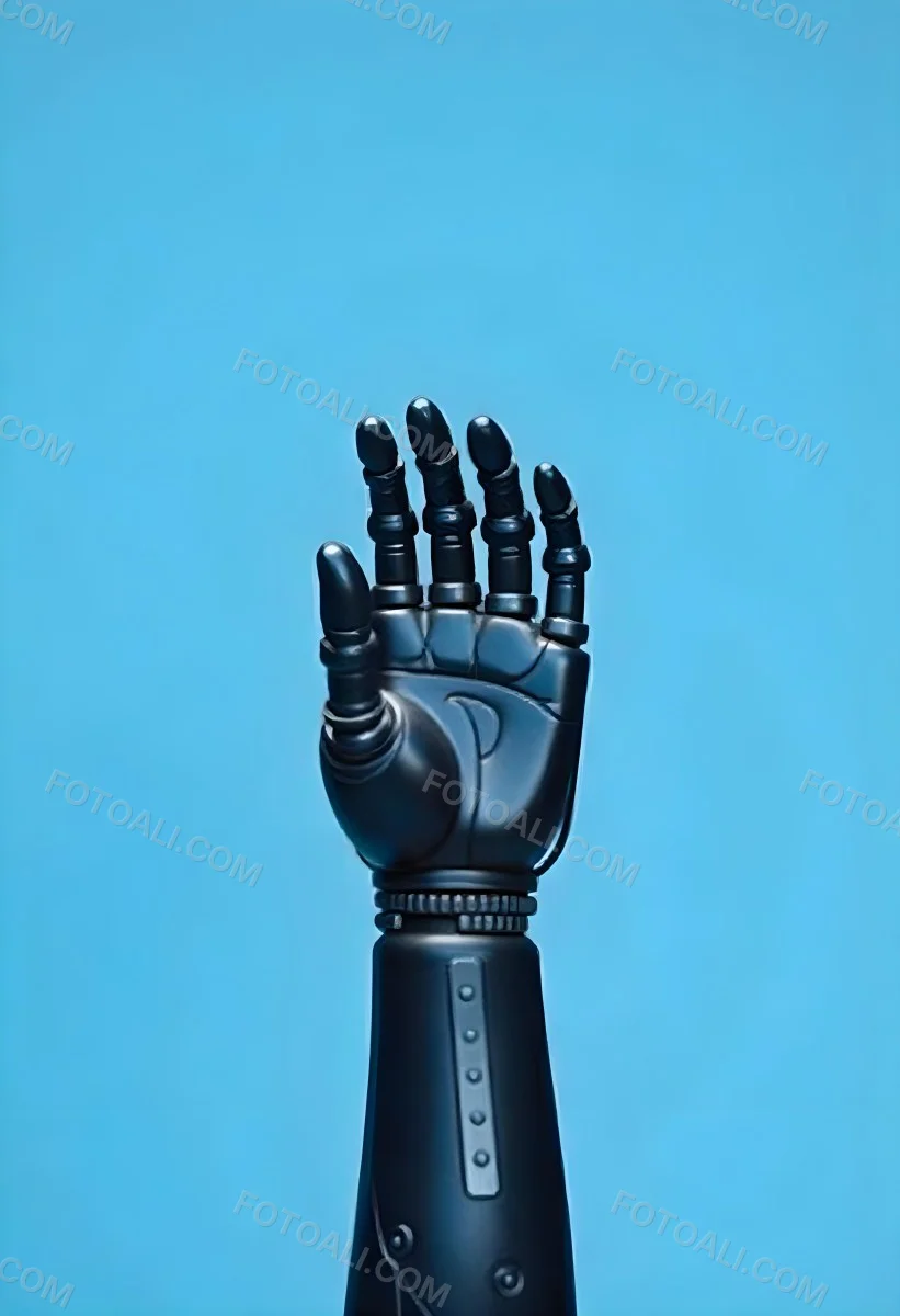 A Black Robotic Hand With Metallic Details Palm Facing Forward Fingers Slightly Curled Against A Solid Light Blue Background 14 Ea17