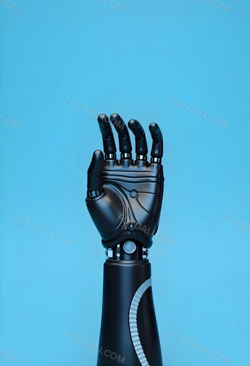 A Black Robotic Hand With Metallic Details Palm Facing Forward Fingers Slightly Curled Against A Solid Light Blue Background 18 B526