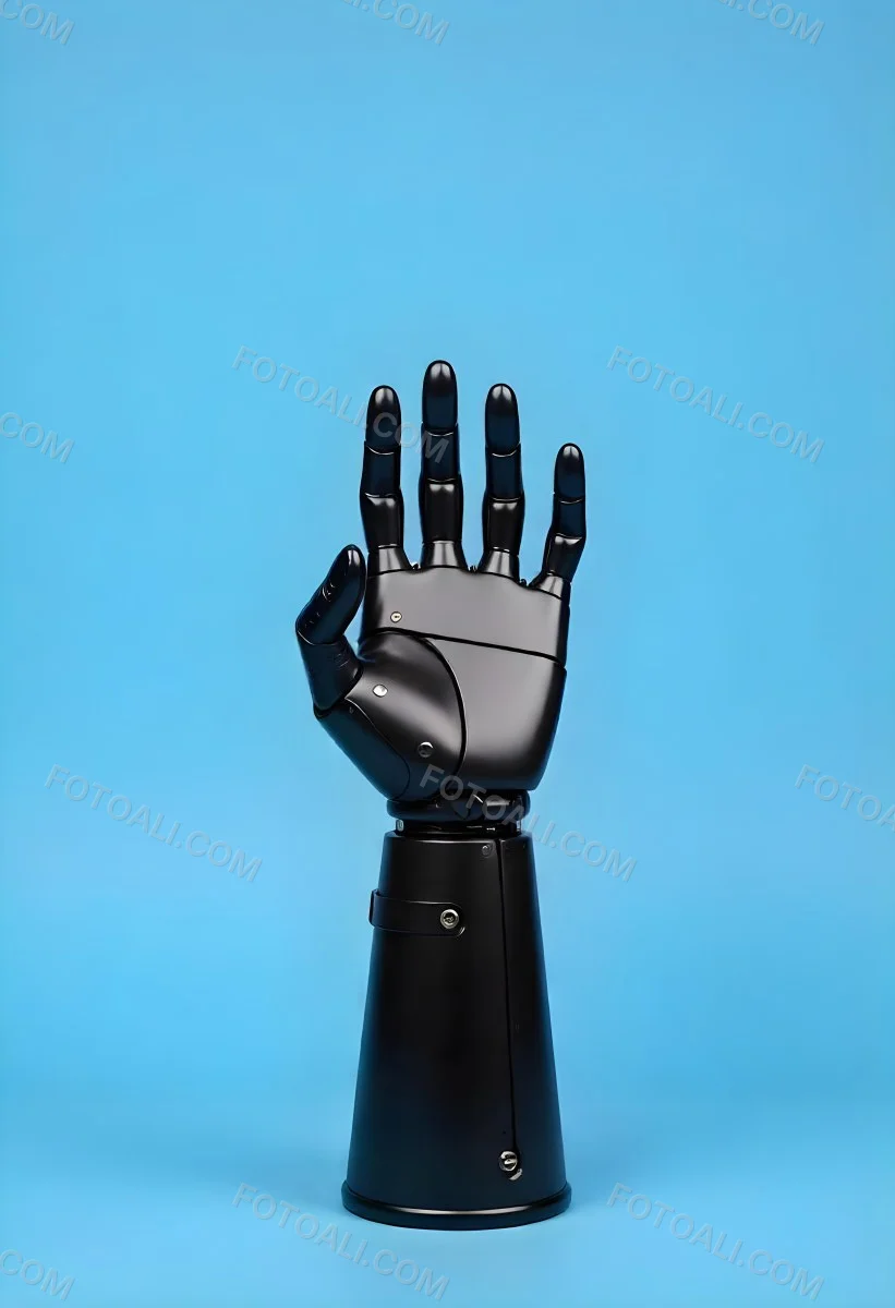 A Black Robotic Hand With Metallic Details Palm Facing Forward Fingers Slightly Curled Against A Solid Light Blue Background 20 C832