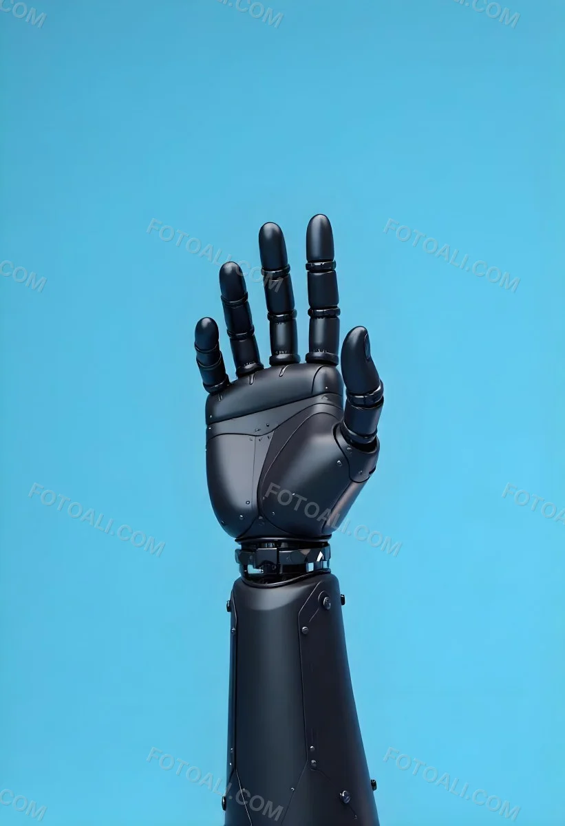 A Black Robotic Hand With Metallic Details Palm Facing Forward Fingers Slightly Curled Against A Solid Light Blue Background 23 D03e