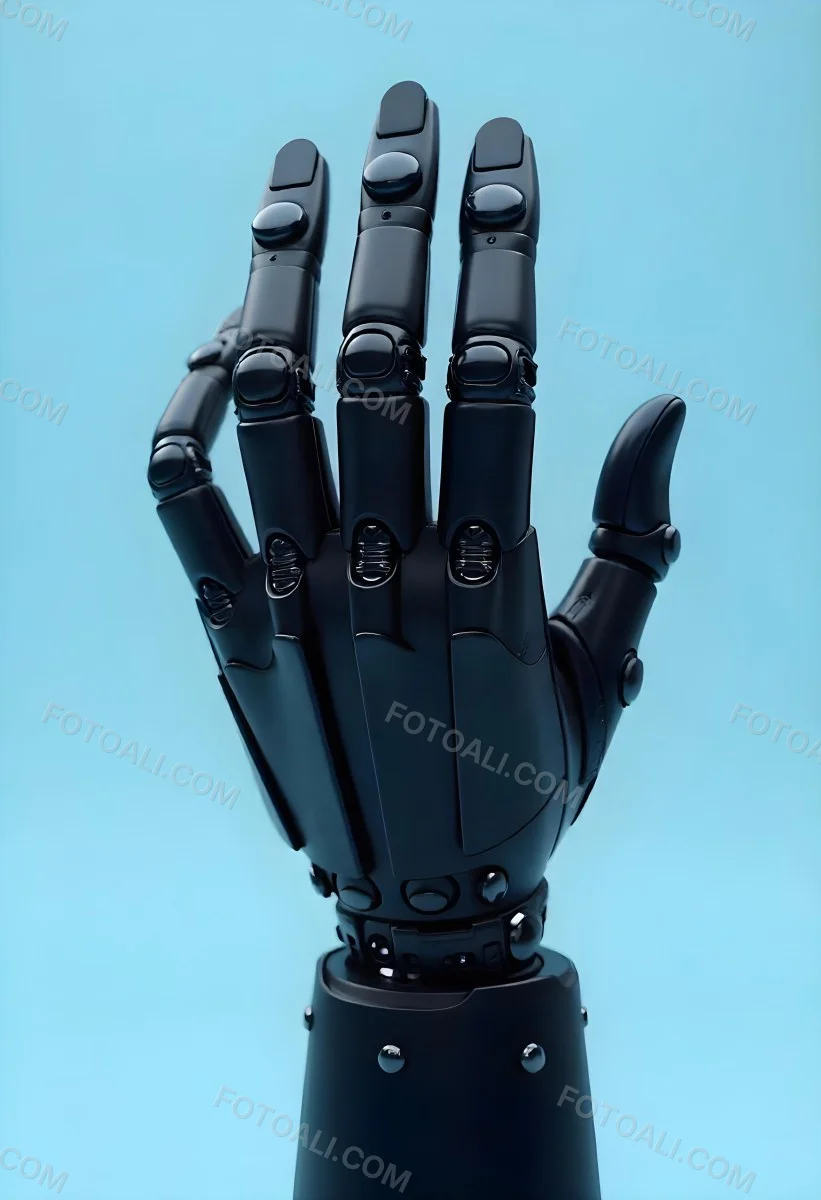 A Black Robotic Hand With Metallic Details Palm Facing Forward Fingers Slightly Curled Against A Solid Light Blue Background 24 3b84