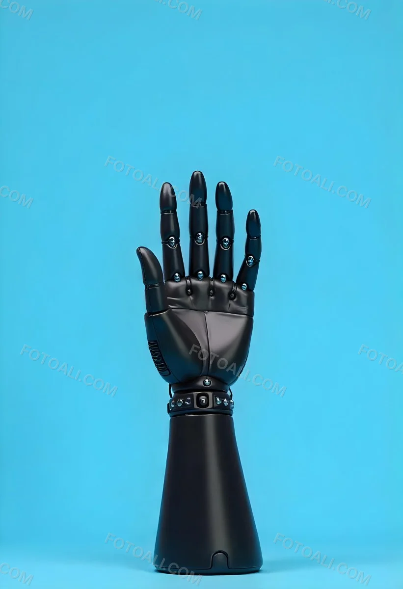 A Black Robotic Hand With Metallic Details Palm Facing Forward Fingers Slightly Curled Against A Solid Light Blue Background 25 90fb