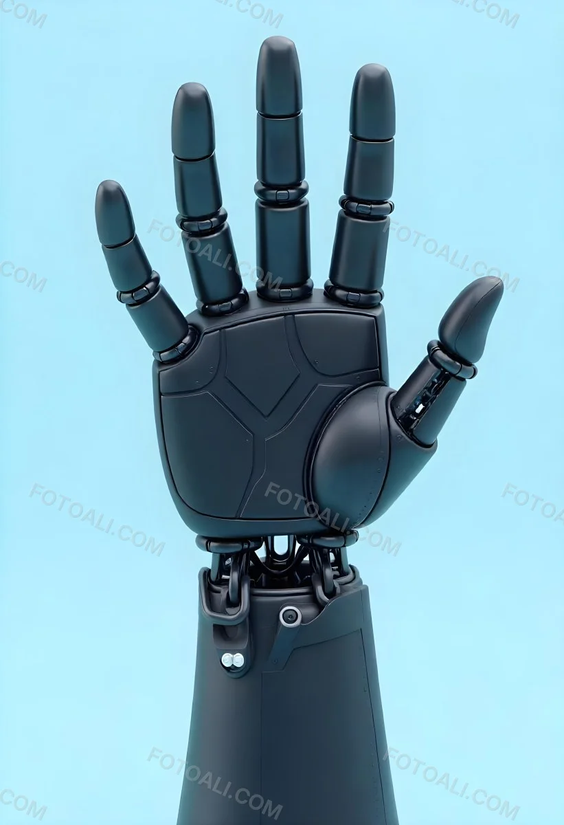 A Black Robotic Hand With Metallic Details Palm Facing Forward Fingers Slightly Curled Against A Solid Light Blue Background 26 8b3c