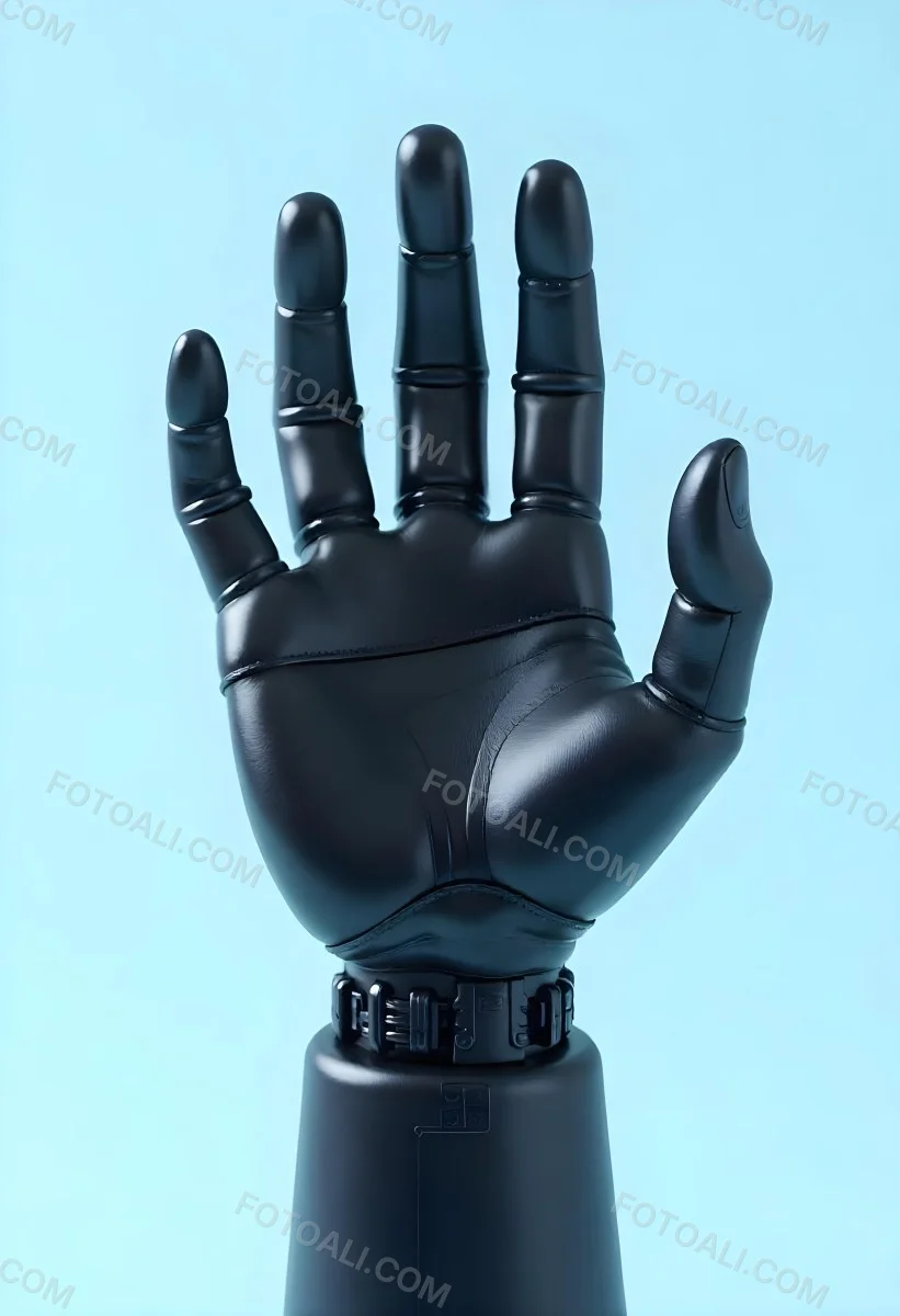 A Black Robotic Hand With Metallic Details Palm Facing Forward Fingers Slightly Curled Against A Solid Light Blue Background 27 F5d2