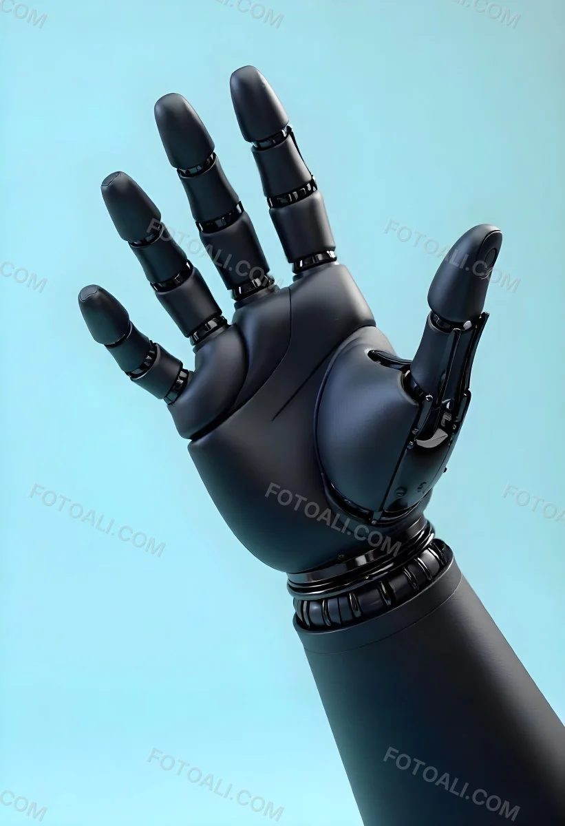 A Black Robotic Hand With Metallic Details Palm Facing Forward Fingers Slightly Curled Against A Solid Light Blue Background 28 Def4