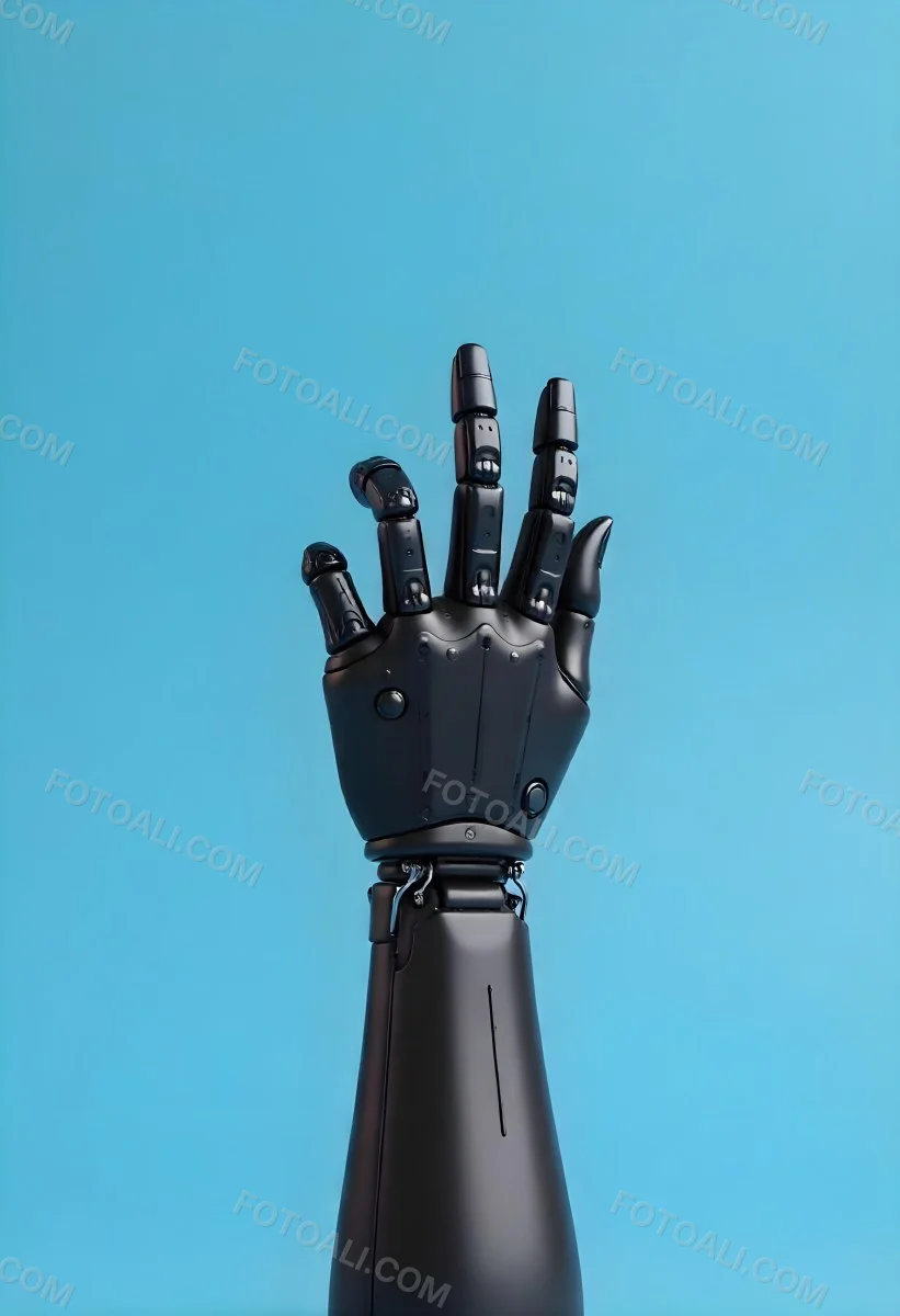 A Black Robotic Hand With Metallic Details Palm Facing Forward Fingers Slightly Curled Against A Solid Light Blue Background 5 50a0