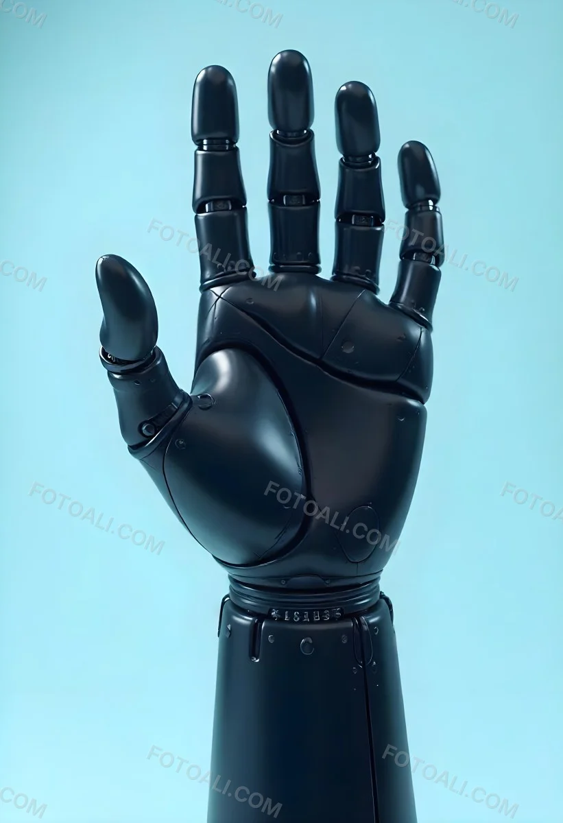 A Black Robotic Hand With Metallic Details Palm Facing Forward Fingers Slightly Curled Against A Solid Light Blue Background 7 D637