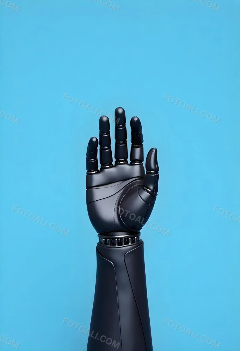 A Black Robotic Hand With Metallic Details Palm Facing Forward Fingers Slightly Curled Against A Solid Light Blue Background 8 Fcef