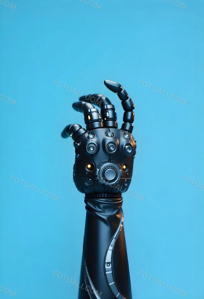 A Black Robotic Hand With Metallic Details Palm Facing Forward Fingers Slightly Curled Against A Solid Light Blue Background 9 3e8f