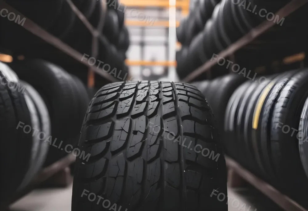 A Black Tire In A Warehouse With Tires On Shelves The Background Is Blurred 18 D932