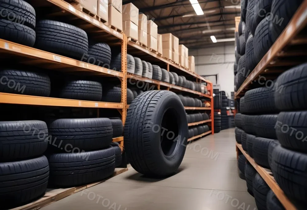 A Black Tire In A Warehouse With Tires On Shelves The Background Is Blurred 2 7798